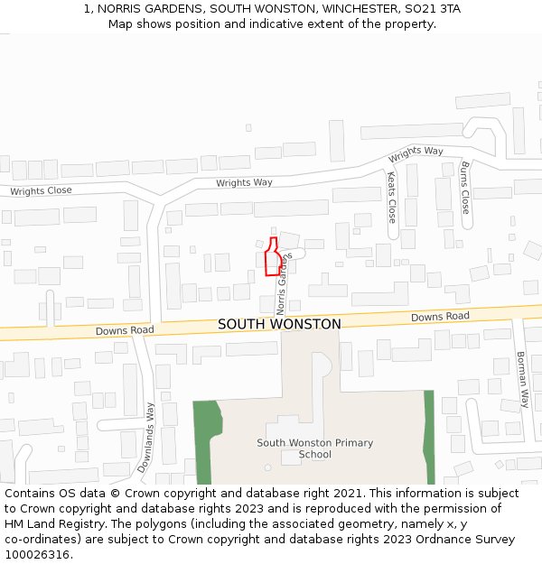 1, NORRIS GARDENS, SOUTH WONSTON, WINCHESTER, SO21 3TA: Location map and indicative extent of plot