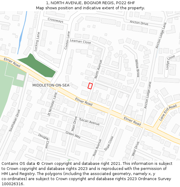 1, NORTH AVENUE, BOGNOR REGIS, PO22 6HF: Location map and indicative extent of plot