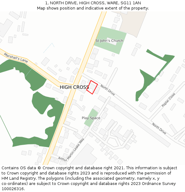 1, NORTH DRIVE, HIGH CROSS, WARE, SG11 1AN: Location map and indicative extent of plot