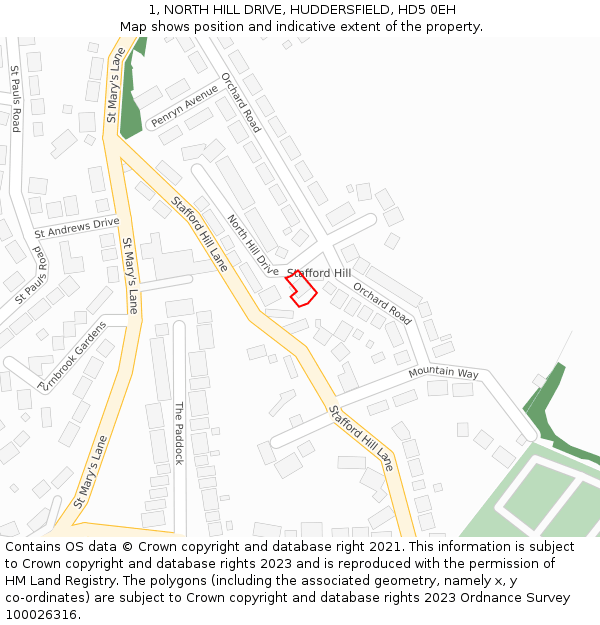 1, NORTH HILL DRIVE, HUDDERSFIELD, HD5 0EH: Location map and indicative extent of plot