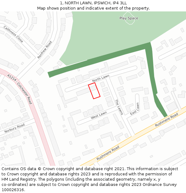 1, NORTH LAWN, IPSWICH, IP4 3LL: Location map and indicative extent of plot