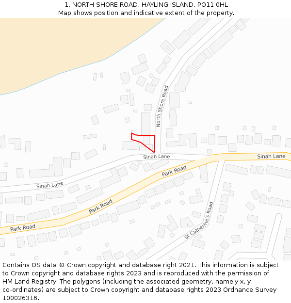 1, NORTH SHORE ROAD, HAYLING ISLAND, PO11 0HL: Location map and indicative extent of plot