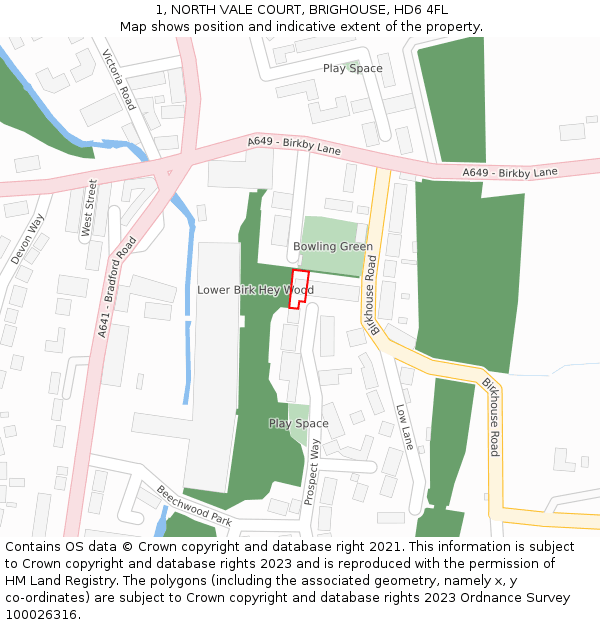 1, NORTH VALE COURT, BRIGHOUSE, HD6 4FL: Location map and indicative extent of plot