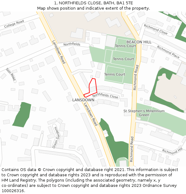 1, NORTHFIELDS CLOSE, BATH, BA1 5TE: Location map and indicative extent of plot