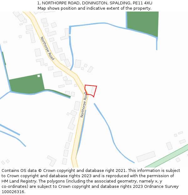 1, NORTHORPE ROAD, DONINGTON, SPALDING, PE11 4XU: Location map and indicative extent of plot