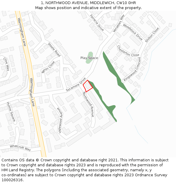 1, NORTHWOOD AVENUE, MIDDLEWICH, CW10 0HR: Location map and indicative extent of plot