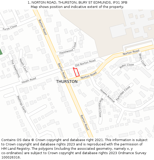 1, NORTON ROAD, THURSTON, BURY ST EDMUNDS, IP31 3PB: Location map and indicative extent of plot
