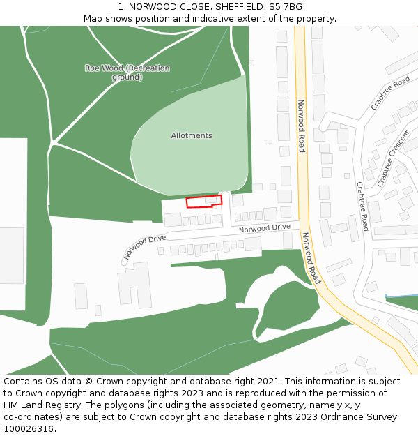 1, NORWOOD CLOSE, SHEFFIELD, S5 7BG: Location map and indicative extent of plot