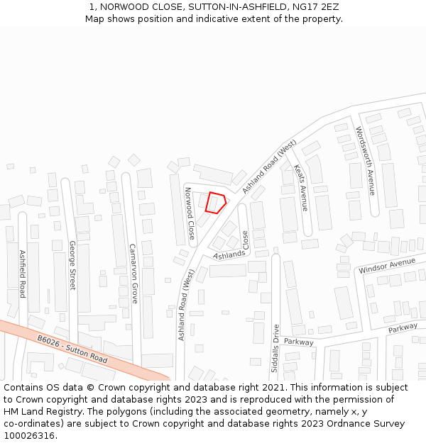 1, NORWOOD CLOSE, SUTTON-IN-ASHFIELD, NG17 2EZ: Location map and indicative extent of plot