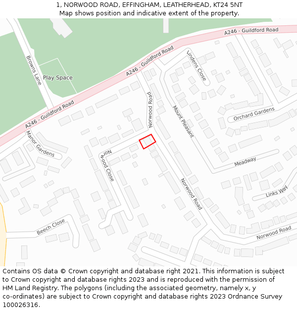 1, NORWOOD ROAD, EFFINGHAM, LEATHERHEAD, KT24 5NT: Location map and indicative extent of plot