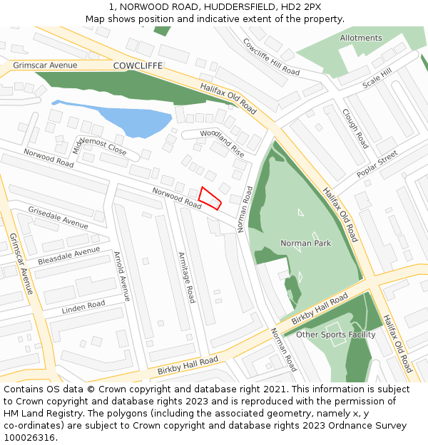 1, NORWOOD ROAD, HUDDERSFIELD, HD2 2PX: Location map and indicative extent of plot