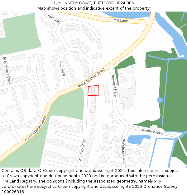 1, NUNNERY DRIVE, THETFORD, IP24 3EN: Location map and indicative extent of plot