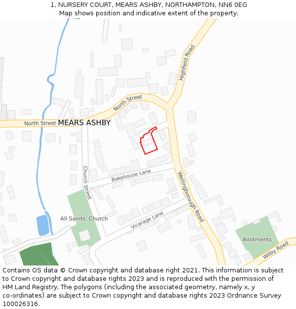 1, NURSERY COURT, MEARS ASHBY, NORTHAMPTON, NN6 0EG: Location map and indicative extent of plot