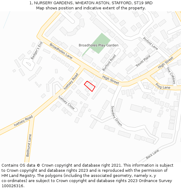 1, NURSERY GARDENS, WHEATON ASTON, STAFFORD, ST19 9RD: Location map and indicative extent of plot