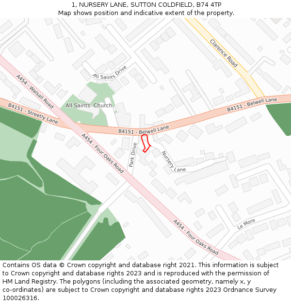 1, NURSERY LANE, SUTTON COLDFIELD, B74 4TP: Location map and indicative extent of plot