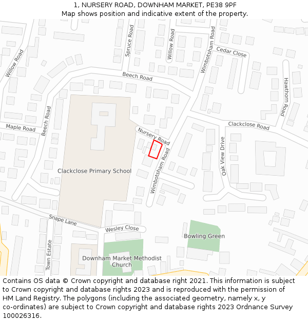 1, NURSERY ROAD, DOWNHAM MARKET, PE38 9PF: Location map and indicative extent of plot
