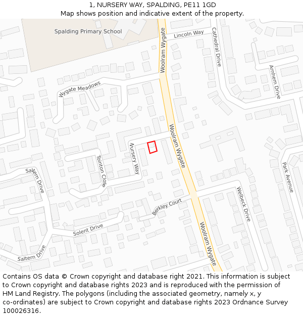 1, NURSERY WAY, SPALDING, PE11 1GD: Location map and indicative extent of plot