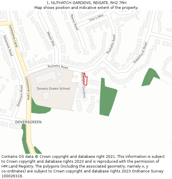 1, NUTHATCH GARDENS, REIGATE, RH2 7RH: Location map and indicative extent of plot