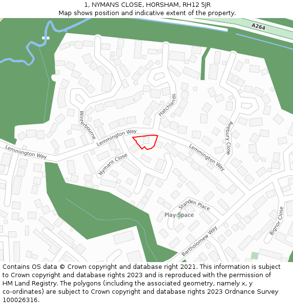 1, NYMANS CLOSE, HORSHAM, RH12 5JR: Location map and indicative extent of plot