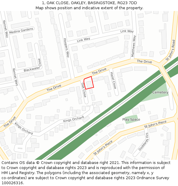 1, OAK CLOSE, OAKLEY, BASINGSTOKE, RG23 7DD: Location map and indicative extent of plot