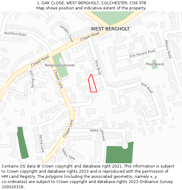 1, OAK CLOSE, WEST BERGHOLT, COLCHESTER, CO6 3TB: Location map and indicative extent of plot