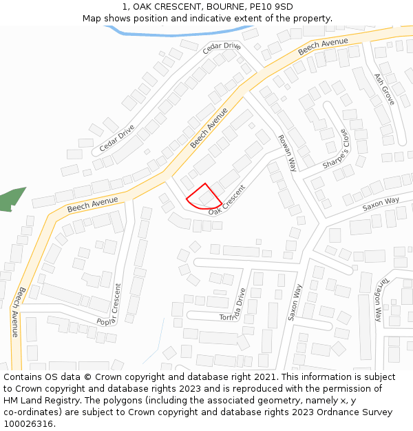1, OAK CRESCENT, BOURNE, PE10 9SD: Location map and indicative extent of plot