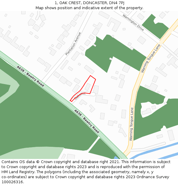 1, OAK CREST, DONCASTER, DN4 7PJ: Location map and indicative extent of plot