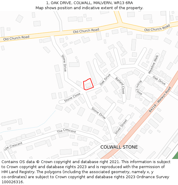 1, OAK DRIVE, COLWALL, MALVERN, WR13 6RA: Location map and indicative extent of plot