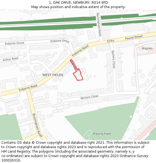 1, OAK DRIVE, NEWBURY, RG14 6PD: Location map and indicative extent of plot
