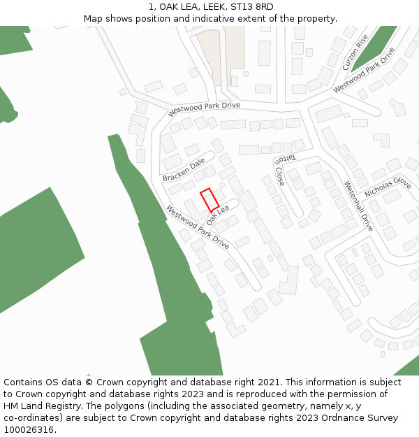 1, OAK LEA, LEEK, ST13 8RD: Location map and indicative extent of plot