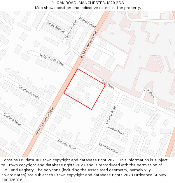 1, OAK ROAD, MANCHESTER, M20 3DA: Location map and indicative extent of plot