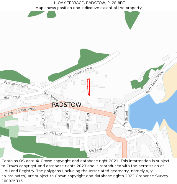1, OAK TERRACE, PADSTOW, PL28 8BE: Location map and indicative extent of plot