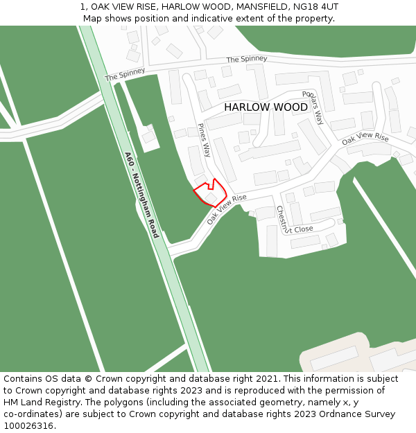 1, OAK VIEW RISE, HARLOW WOOD, MANSFIELD, NG18 4UT: Location map and indicative extent of plot