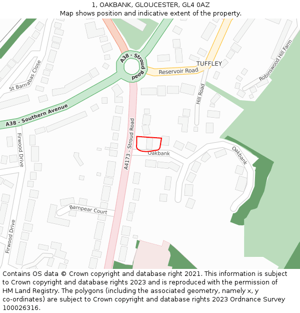 1, OAKBANK, GLOUCESTER, GL4 0AZ: Location map and indicative extent of plot