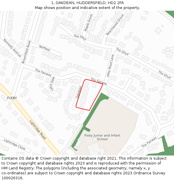 1, OAKDEAN, HUDDERSFIELD, HD2 2FA: Location map and indicative extent of plot