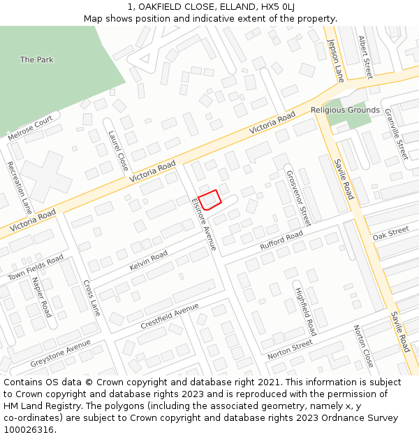 1, OAKFIELD CLOSE, ELLAND, HX5 0LJ: Location map and indicative extent of plot