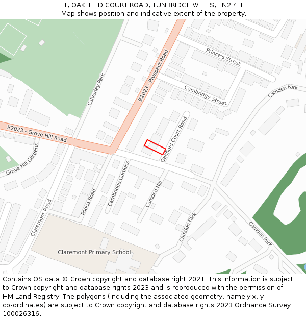 1, OAKFIELD COURT ROAD, TUNBRIDGE WELLS, TN2 4TL: Location map and indicative extent of plot