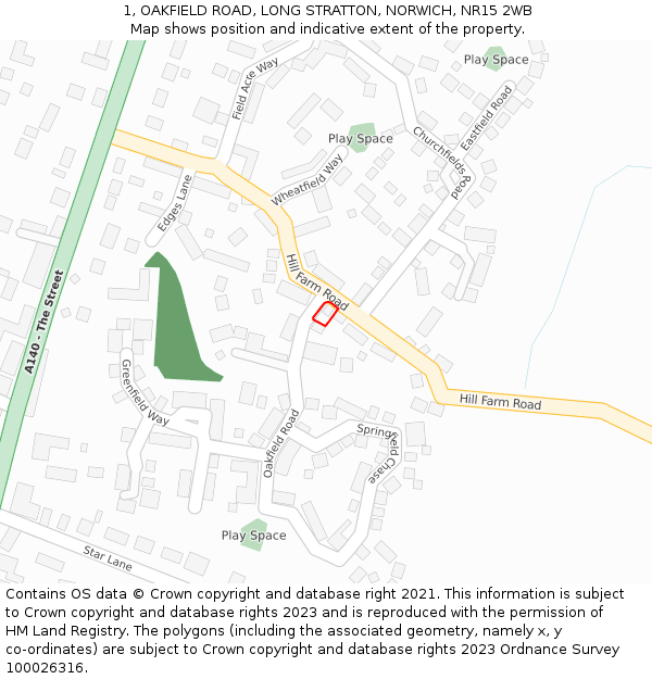 1, OAKFIELD ROAD, LONG STRATTON, NORWICH, NR15 2WB: Location map and indicative extent of plot