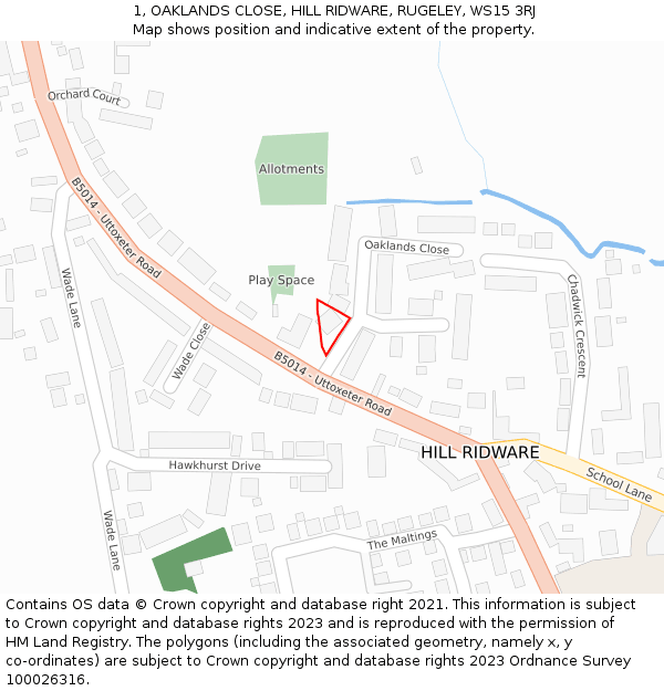 1, OAKLANDS CLOSE, HILL RIDWARE, RUGELEY, WS15 3RJ: Location map and indicative extent of plot