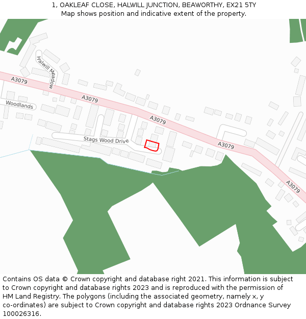 1, OAKLEAF CLOSE, HALWILL JUNCTION, BEAWORTHY, EX21 5TY: Location map and indicative extent of plot