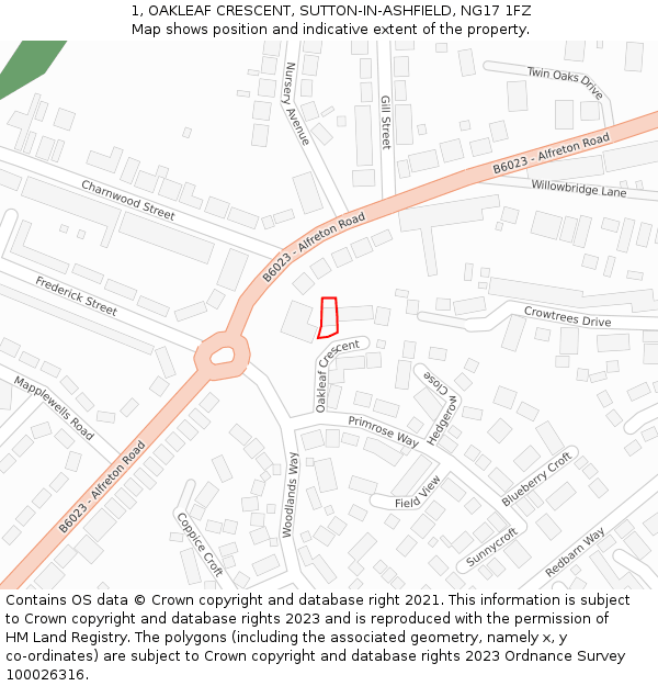 1, OAKLEAF CRESCENT, SUTTON-IN-ASHFIELD, NG17 1FZ: Location map and indicative extent of plot