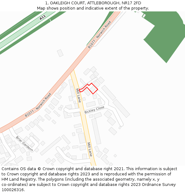 1, OAKLEIGH COURT, ATTLEBOROUGH, NR17 2FD: Location map and indicative extent of plot