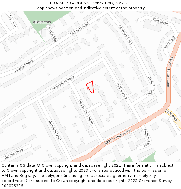 1, OAKLEY GARDENS, BANSTEAD, SM7 2DF: Location map and indicative extent of plot