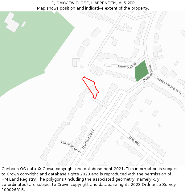 1, OAKVIEW CLOSE, HARPENDEN, AL5 2PP: Location map and indicative extent of plot