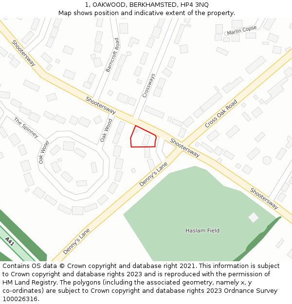 1, OAKWOOD, BERKHAMSTED, HP4 3NQ: Location map and indicative extent of plot