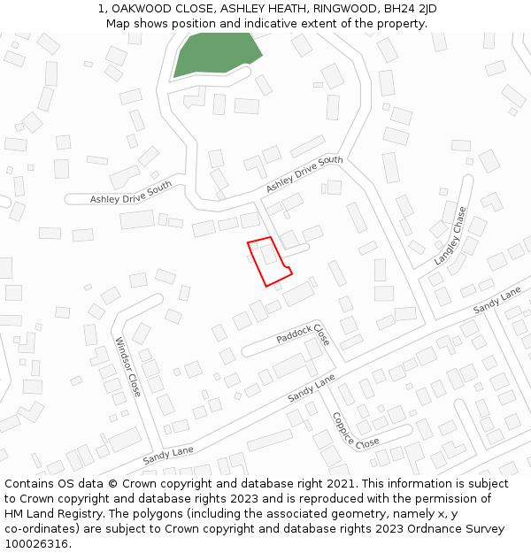 1, OAKWOOD CLOSE, ASHLEY HEATH, RINGWOOD, BH24 2JD: Location map and indicative extent of plot
