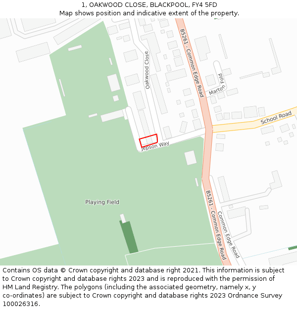 1, OAKWOOD CLOSE, BLACKPOOL, FY4 5FD: Location map and indicative extent of plot