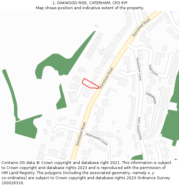 1, OAKWOOD RISE, CATERHAM, CR3 6YF: Location map and indicative extent of plot