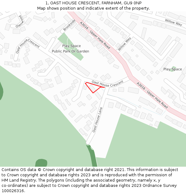 1, OAST HOUSE CRESCENT, FARNHAM, GU9 0NP: Location map and indicative extent of plot