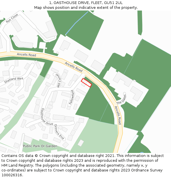 1, OASTHOUSE DRIVE, FLEET, GU51 2UL: Location map and indicative extent of plot